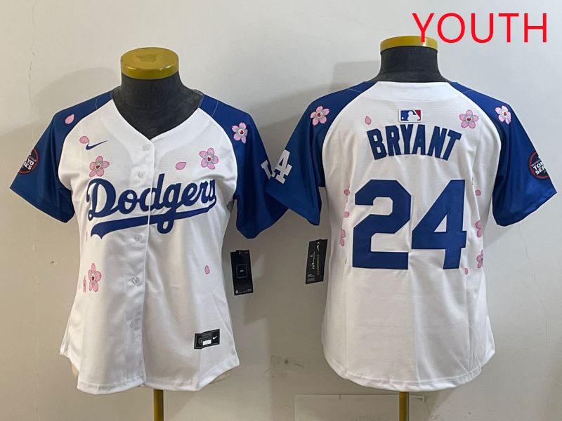 Youth Los Angeles Dodgers #24 Bryant White Blue Sakura Edition 2025 Nike MLB Jersey style 5->youth mlb jersey->Youth Jersey